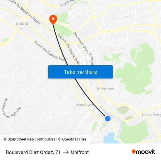 Boulevard Diaz Ordaz, 71 to Unifront map