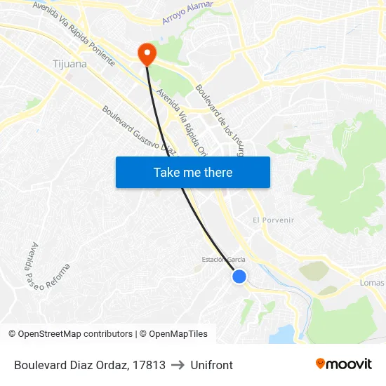 Boulevard Diaz Ordaz, 17813 to Unifront map