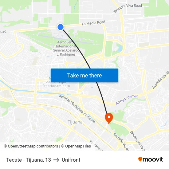 Tecate - Tijuana, 13 to Unifront map
