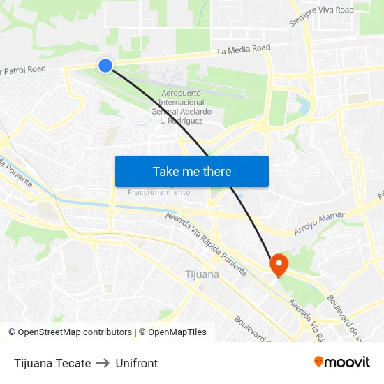 Tijuana Tecate to Unifront map