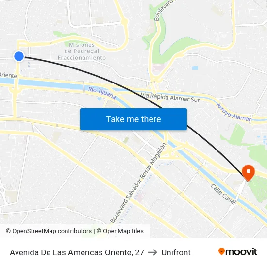 Avenida De Las Americas Oriente, 27 to Unifront map