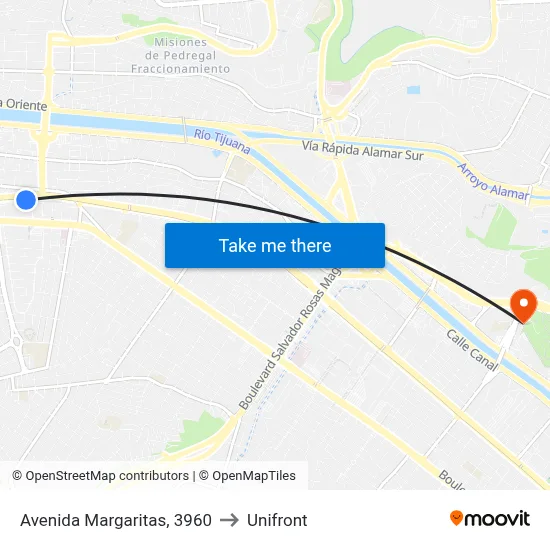 Avenida Margaritas, 3960 to Unifront map