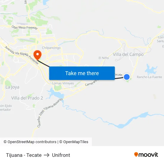 Tijuana - Tecate to Unifront map