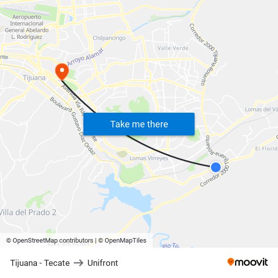 Tijuana - Tecate to Unifront map