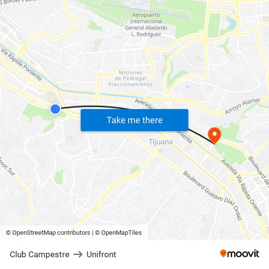 Club Campestre to Unifront map