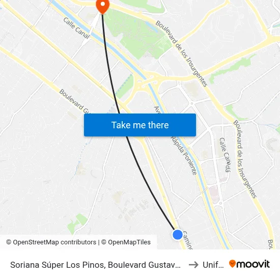 Soriana Súper Los Pinos, Boulevard Gustavo Diaz Ordaz, 12656 to Unifront map