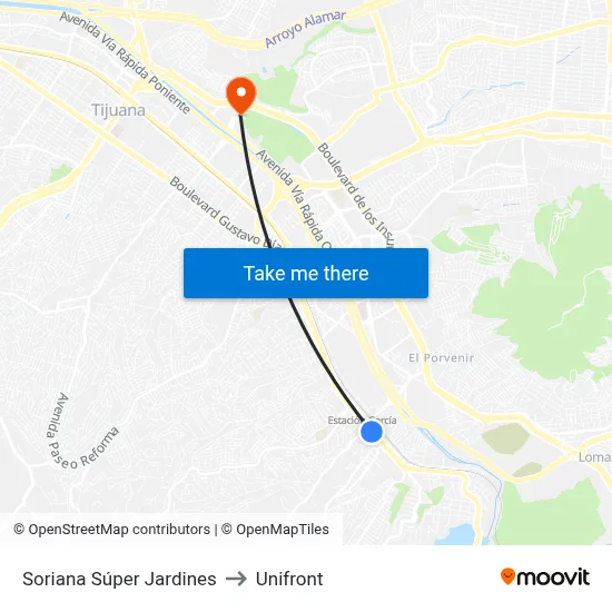 Soriana Súper Jardines to Unifront map