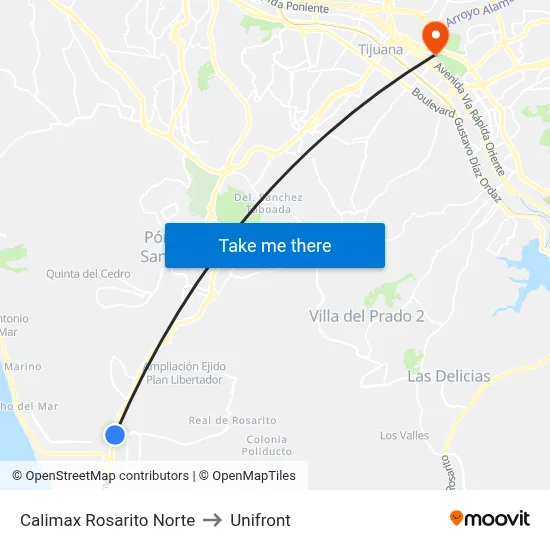 Calimax Rosarito Norte to Unifront map