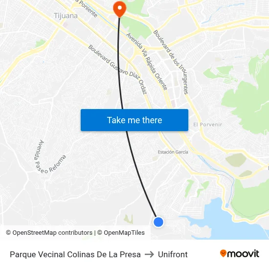 Parque Vecinal Colinas De La Presa to Unifront map