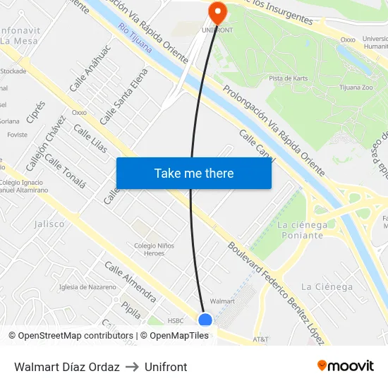 Walmart Díaz Ordaz to Unifront map