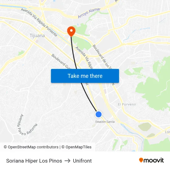 Soriana Híper Los Pinos to Unifront map