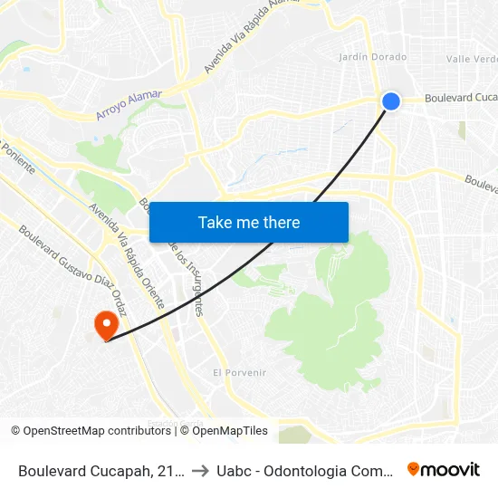 Boulevard Cucapah, 21451_1 to Uabc - Odontologia Comunitaria map