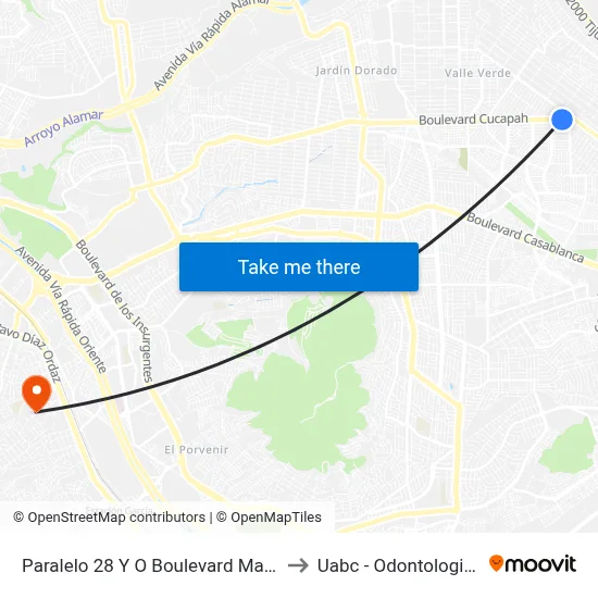 Paralelo 28 Y O Boulevard Matamoros, 23030_V46 to Uabc - Odontologia Comunitaria map
