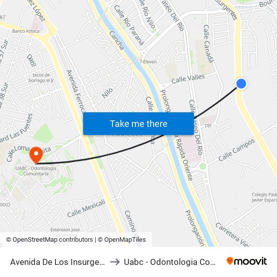 Avenida De Los Insurgentes, 24 to Uabc - Odontologia Comunitaria map