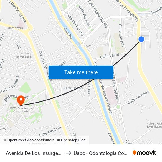 Avenida De Los Insurgentes, 454 to Uabc - Odontologia Comunitaria map