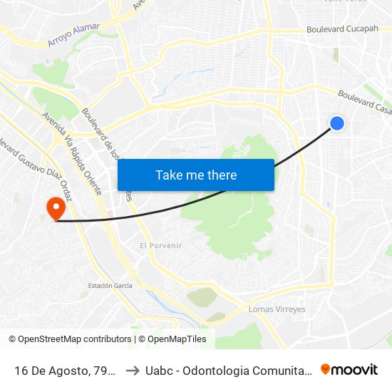 16 De Agosto, 7911 to Uabc - Odontologia Comunitaria map