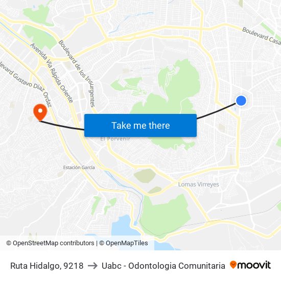 Ruta Hidalgo, 9218 to Uabc - Odontologia Comunitaria map