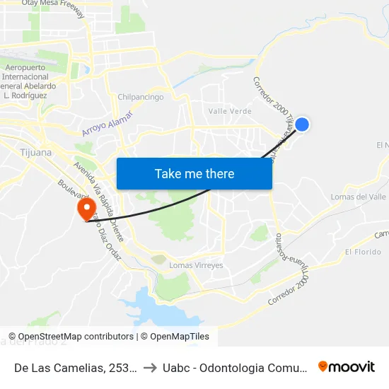 De Las Camelias, 25375_1 to Uabc - Odontologia Comunitaria map