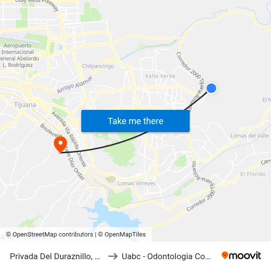 Privada Del Duraznillo, 25346_1 to Uabc - Odontologia Comunitaria map