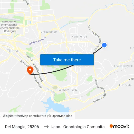 Del Mangle, 25306_1 to Uabc - Odontologia Comunitaria map