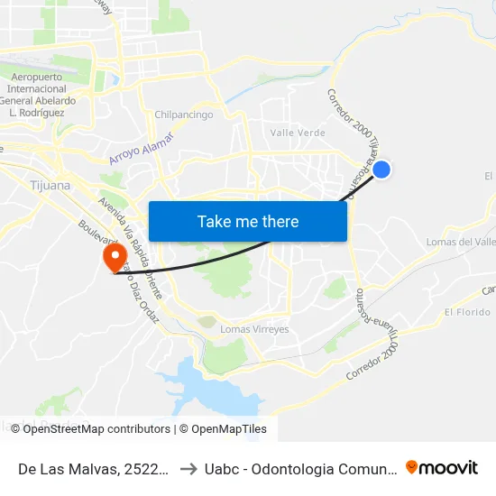 De Las Malvas, 25226_44 to Uabc - Odontologia Comunitaria map