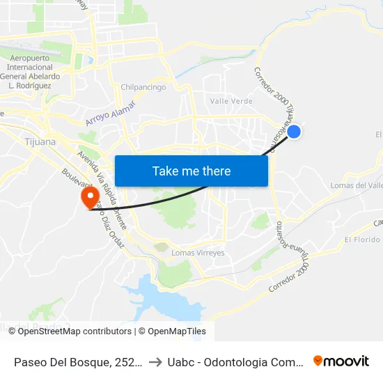 Paseo Del Bosque, 25205_H4 to Uabc - Odontologia Comunitaria map