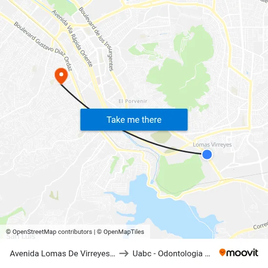 Avenida Lomas De Virreyes Sur, 11217_B to Uabc - Odontologia Comunitaria map