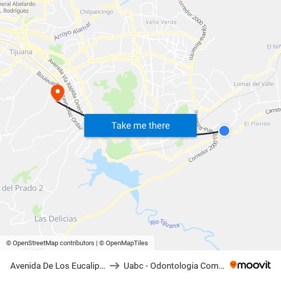 Avenida De Los Eucaliptos, 71 to Uabc - Odontologia Comunitaria map