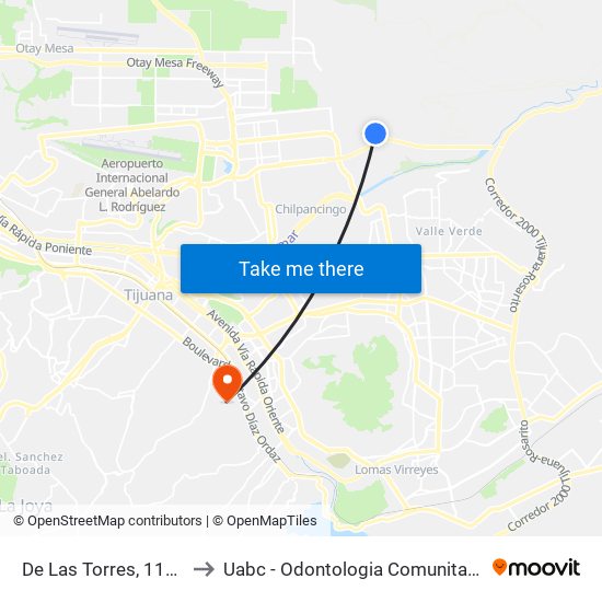 De Las Torres, 1103 to Uabc - Odontologia Comunitaria map