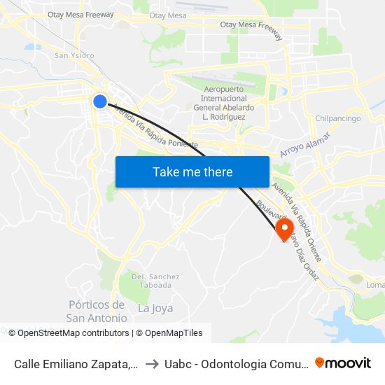 Calle Emiliano Zapata, 8701 to Uabc - Odontologia Comunitaria map