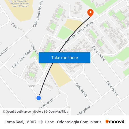 Loma Real, 16007 to Uabc - Odontologia Comunitaria map