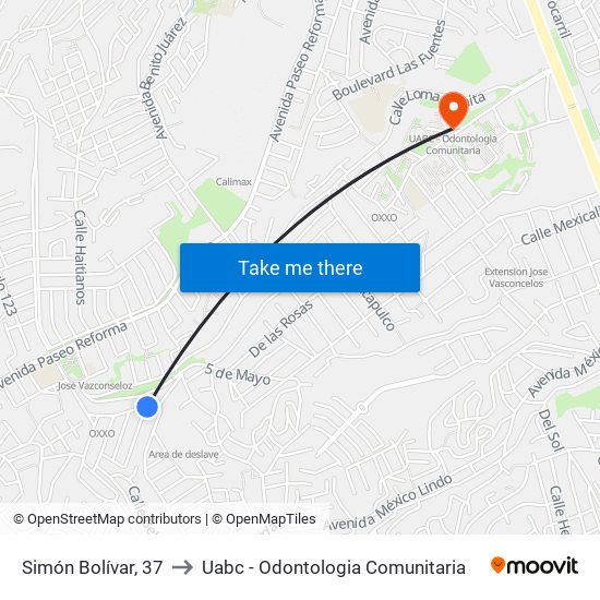 Simón Bolívar, 37 to Uabc - Odontologia Comunitaria map