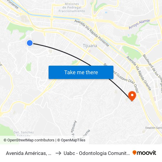 Avenida Américas, 117 to Uabc - Odontologia Comunitaria map