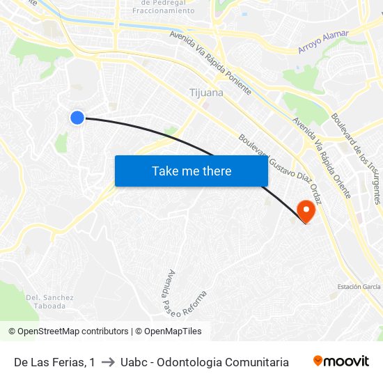 De Las Ferias, 1 to Uabc - Odontologia Comunitaria map