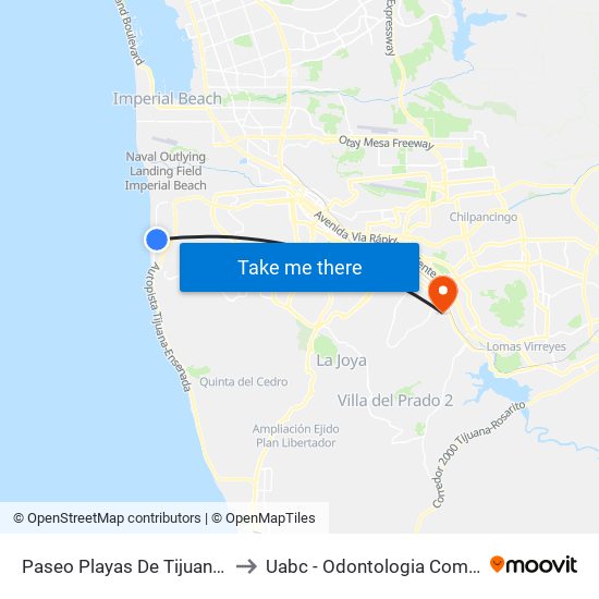 Paseo Playas De Tijuana, 2050 to Uabc - Odontologia Comunitaria map
