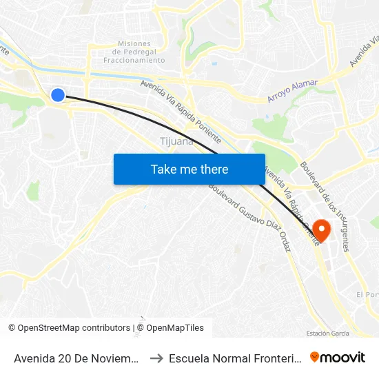 Avenida 20 De Noviembre, 12401 to Escuela Normal Fronteriza Tijuana map