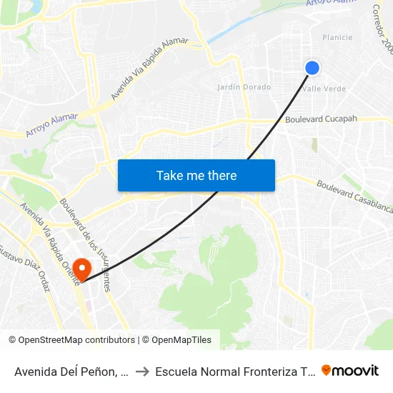 Avenida Deĺ Peñon, 2520 to Escuela Normal Fronteriza Tijuana map