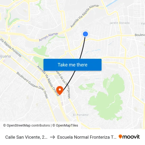 Calle San Vicente, 20930 to Escuela Normal Fronteriza Tijuana map