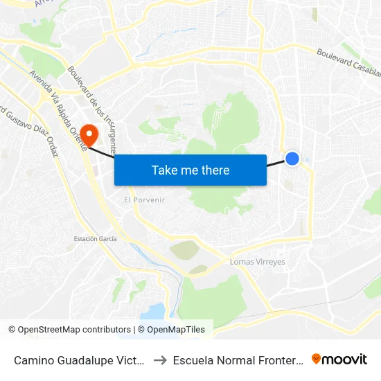 Camino Guadalupe Victoria, 22302 to Escuela Normal Fronteriza Tijuana map