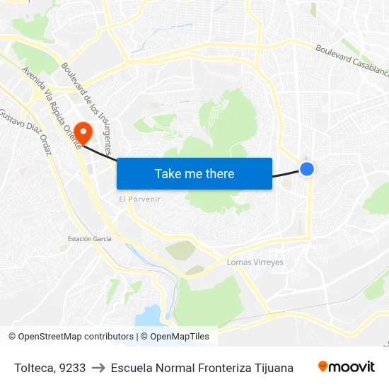 Tolteca, 9233 to Escuela Normal Fronteriza Tijuana map