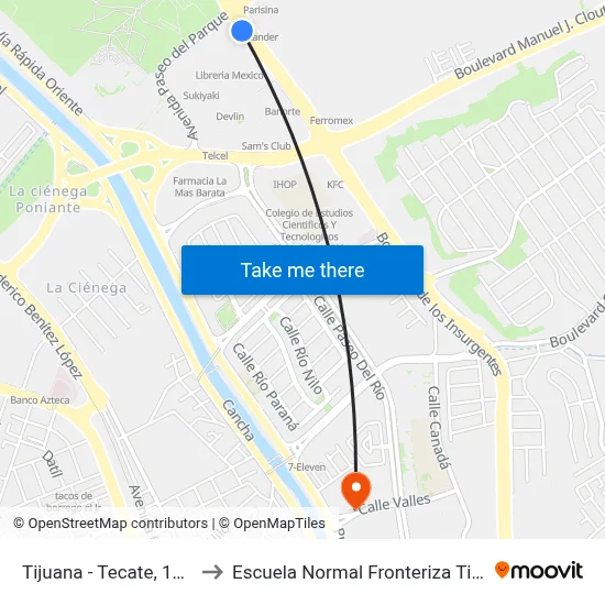 Tijuana - Tecate, 18015 to Escuela Normal Fronteriza Tijuana map