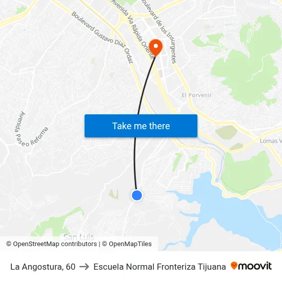 La Angostura, 60 to Escuela Normal Fronteriza Tijuana map