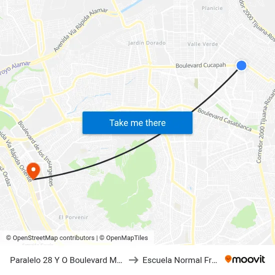 Paralelo 28 Y O Boulevard Matamoros, 23030_V46 to Escuela Normal Fronteriza Tijuana map