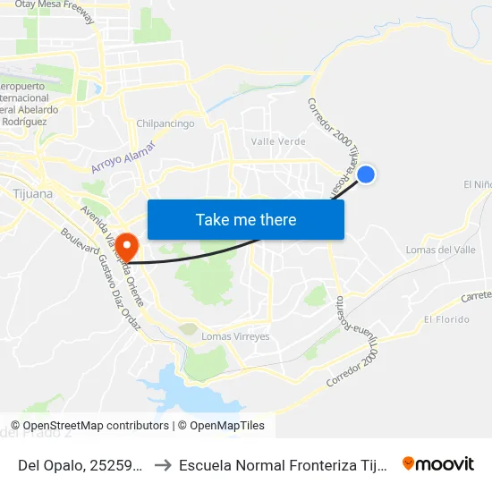 Del Opalo, 25259_79 to Escuela Normal Fronteriza Tijuana map