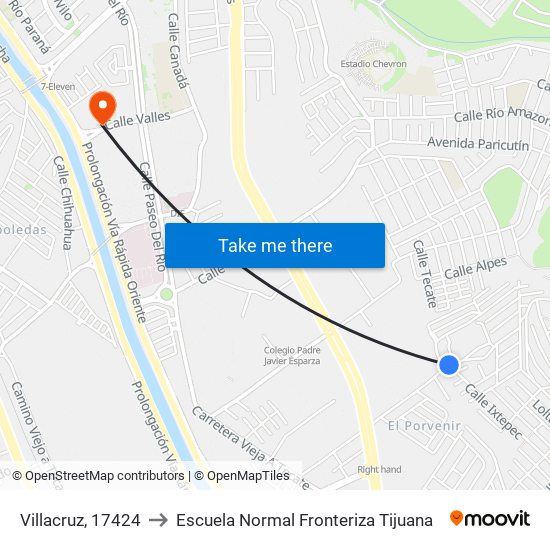 Villacruz, 17424 to Escuela Normal Fronteriza Tijuana map