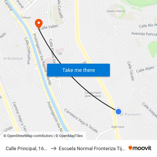 Calle Principal, 16836 to Escuela Normal Fronteriza Tijuana map