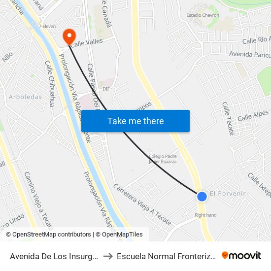 Avenida De Los Insurgentes, 1 to Escuela Normal Fronteriza Tijuana map