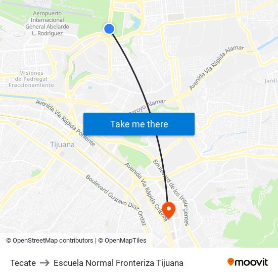 Tecate to Escuela Normal Fronteriza Tijuana map