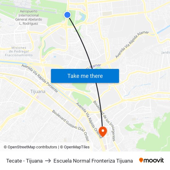 Tecate - Tijuana to Escuela Normal Fronteriza Tijuana map