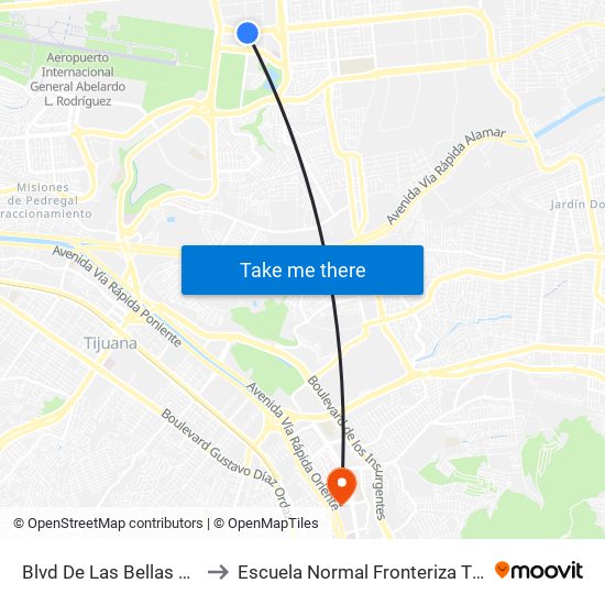 Blvd De Las Bellas Artes to Escuela Normal Fronteriza Tijuana map